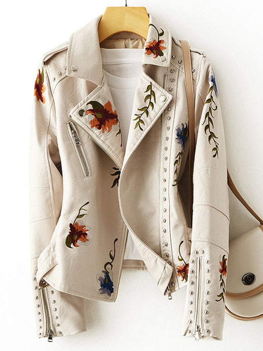Women Retro Floral Print Embroidery Faux Soft Leather Jacket - beyondyourzone