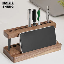 Load image into Gallery viewer, Wood Desktop Organizer Phone Stand and Multifunction Walnut Pen Holder
