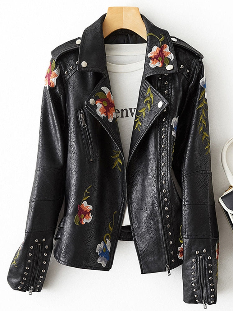 Women Retro Floral Print Embroidery Faux Soft Leather Jacket - beyondyourzone