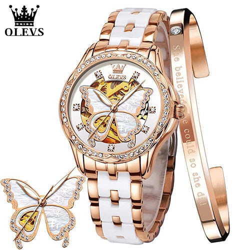 Ladies Elegant Butterfly Diamond White Ceramic Band Watch - beyondyourzone